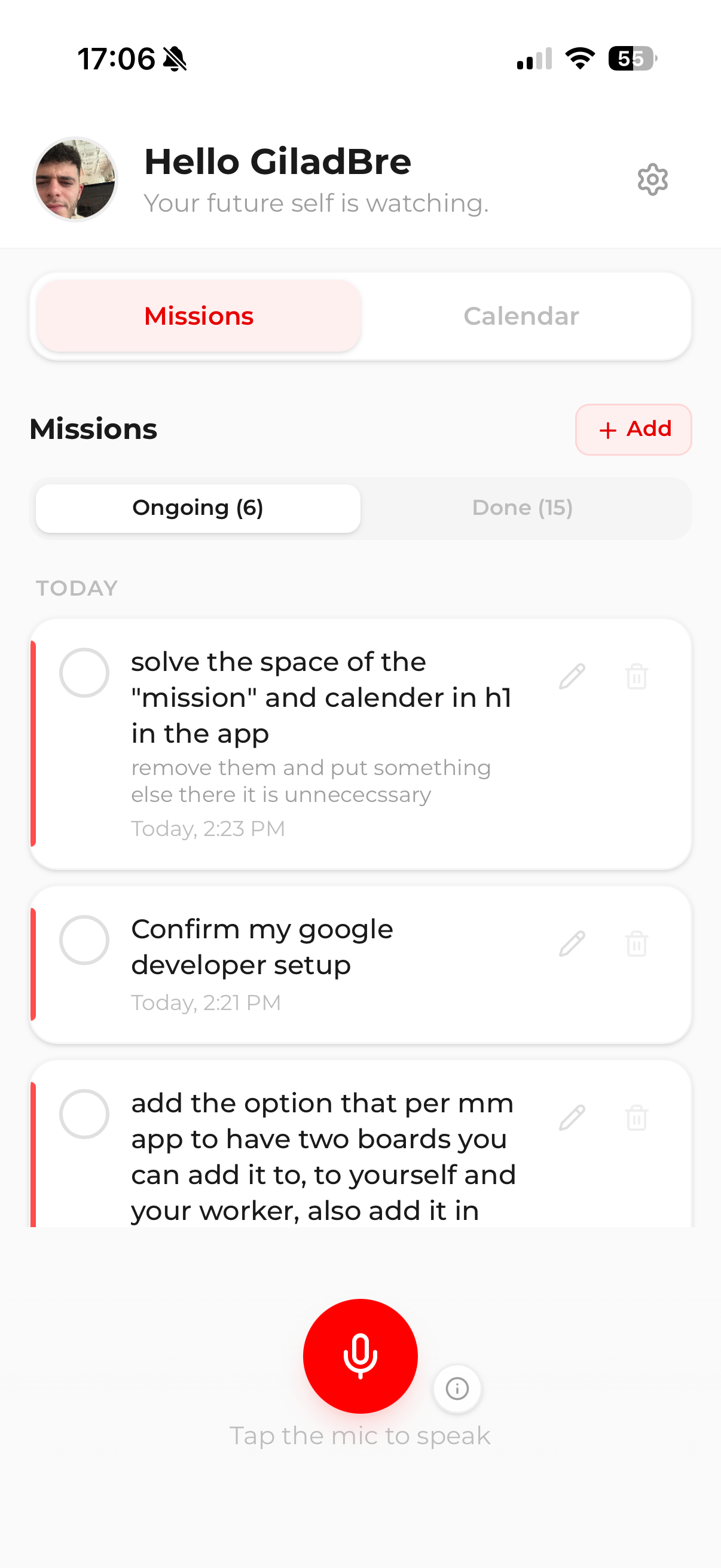 PMM app preview on mobile showing mission management and clean task flow